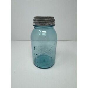 Vintage Ball Perfect Mason Quart Jar Blue In Color # 2 On Bottom Zinc Lid